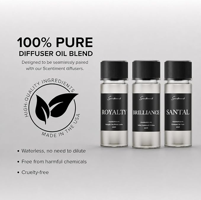 Scentiment Diffuser Oil Sample Set – 3 Pack Royalty, Brilliance, Santal, Pineapple – Saffron & Cardamom Blends, Luxury Hotel-Inspired Fragrance Oils for Cold Air Diffusers – 3 x 0.68 fl oz (20 mL)
