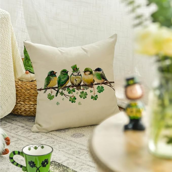 RABUSOFA St.Patricks Day Pillow Covers 18x18 Inch,Birds Shamrock Decorations Holiday Spring Decorative Pillow Case Decor for Sofa Couch Green