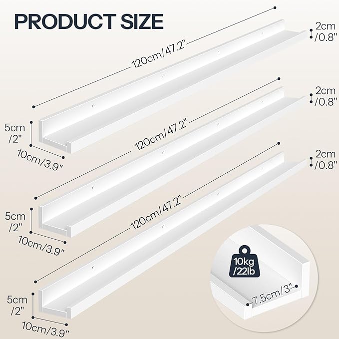 HOOBRO Floating Shelves, Wall Shelf Set of 3, 47.2 Inches Hanging Shelf with Raised Edge and Invisible Brackets, for Bathroom, Bedroom, Kitchen, Office, Living Room Decor, White WT92BJ01