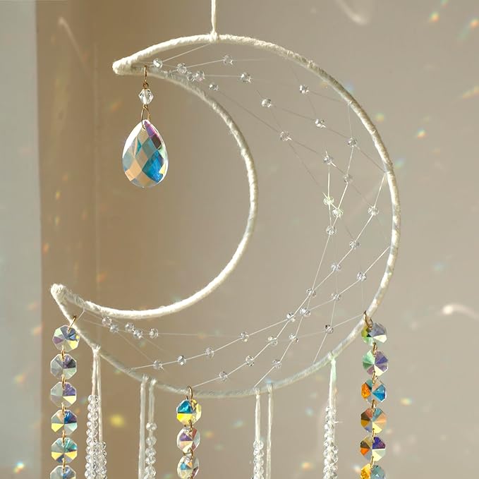 Artilady Dream Catchers with Crystals - Large White Boho Moon Dream Catcher Wall Decor House Decorations for Home Girls Kids Baby Bedroom Room Decor Christmas Birthday Teen Girl Boys Gifts
