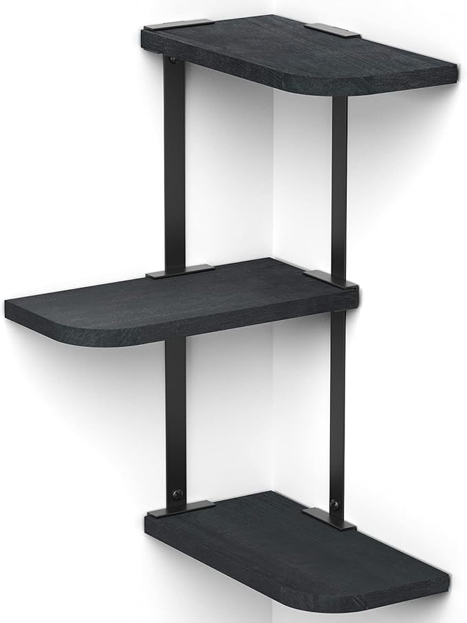 Love-KANKEI Corner Shelf Wall Mount of 3 Tier Rustic Wood Floating Shelves for Bedroom Living Room Bathroom Kitchen Office and More Black
