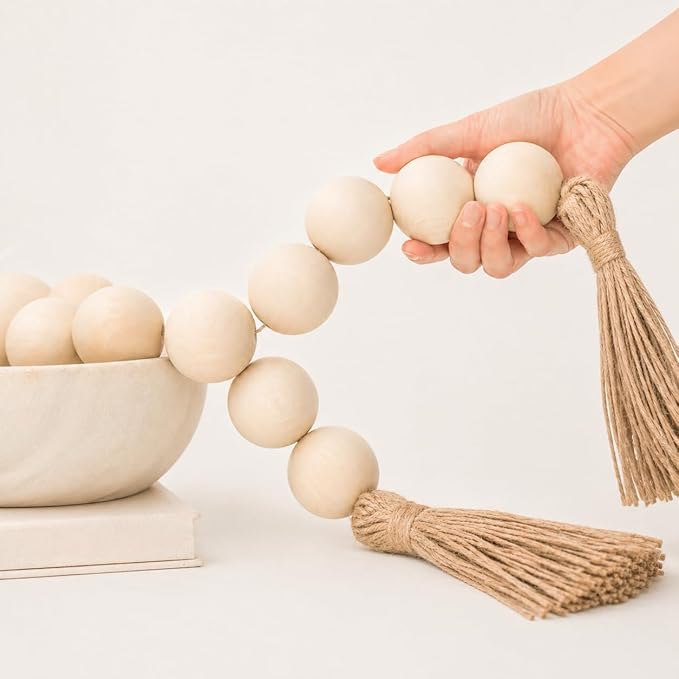 OMISHE 76" Long Extra Large Wood Bead Garland with 1.6" Diameter Wooden Beads and Tassels, Rustic Farmhouse Country Decorative Beads for Home Tiered Tray Decor, Natural Beige