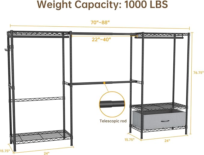 Coat Rack Clothes Wardrobe：Closet Organizer and Storage Clothing Garment Rack with Shelves Heavy Duty for Hanging Clothes Portable Adjustable Black 15.8" DX69 WX76.5 H