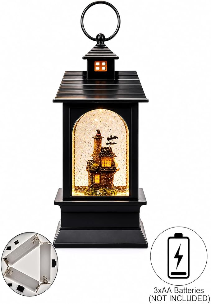Halloween Lantern Water Spinning Snow Globe LED Light Haunted House Ghost Decor 9.25 Inch Black Acrylic Glitter Lantern Battery Operated Spooky Indoor Fall Decoration