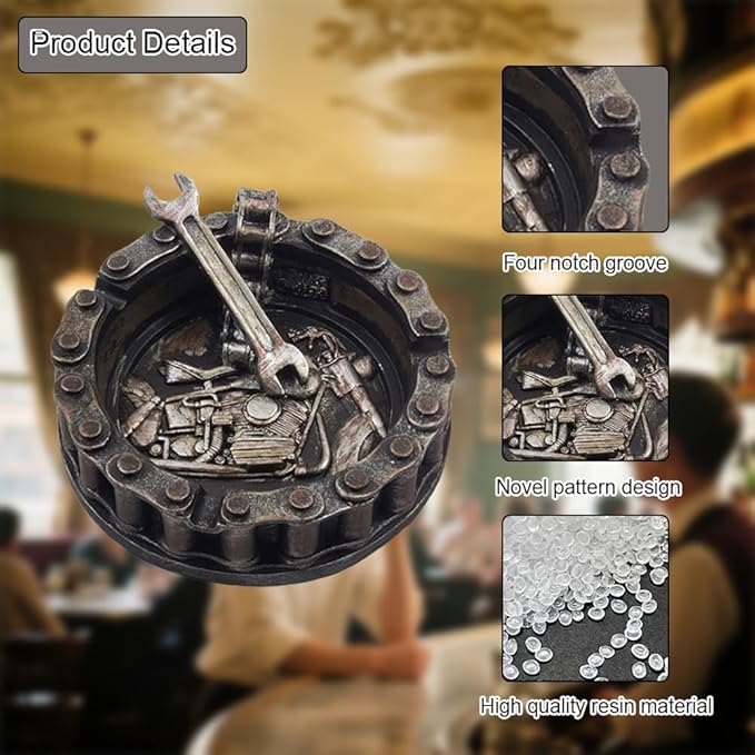 Unique Motorcycle Chain Ashtray with Wrench & Bike Motif-Perfect Fit for Biker Bars, Harley Mechanics Shops and Smoking Rooms Decor As Unique for Men or Smokers(Motorcycle Ashtray)