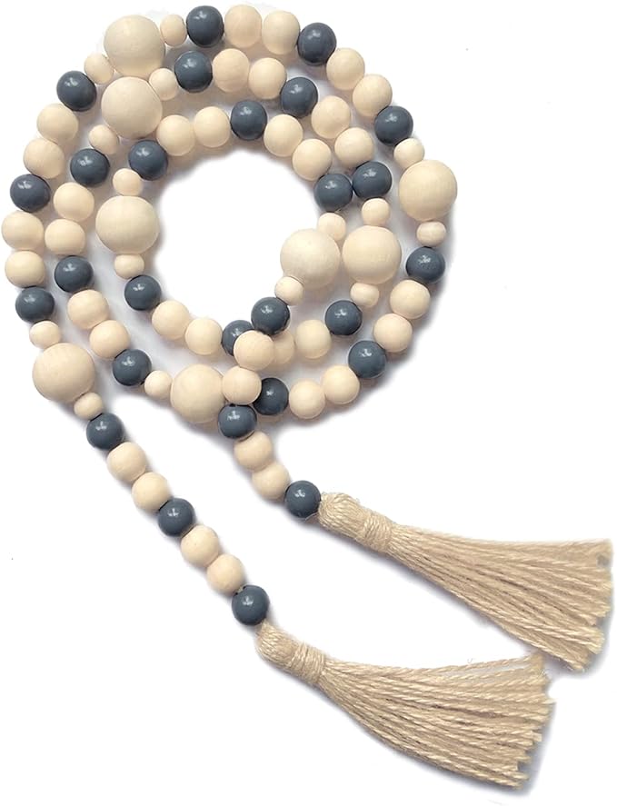 OMISHE Wood Bead Garland with Tassels 61 Inches, Boho Decorative Beads, Farmhouse Beads Garland for Home Tiered Tray Decor, Beige Gray