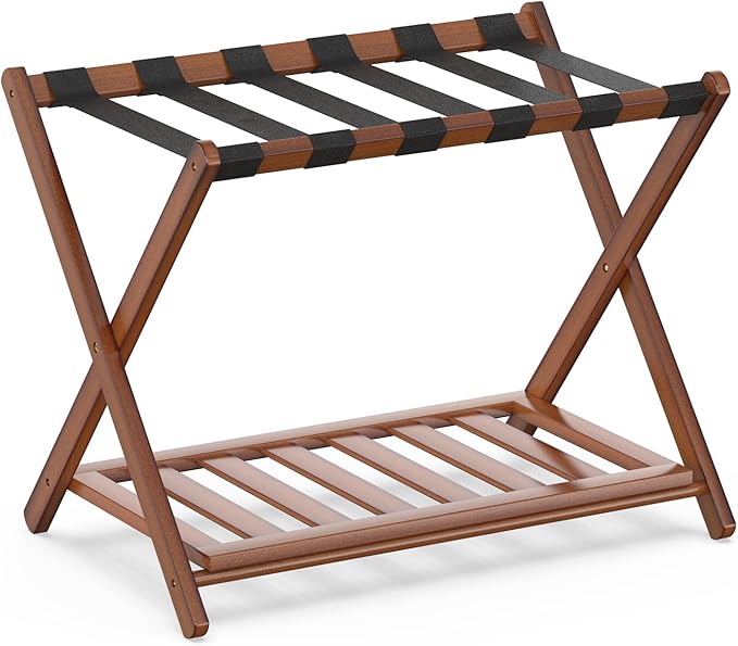2 Pack Bamboo Luggage Rack for Guest Room, 26.77" Folding Wide Suitcase Stand with Storage Shelf, Thickened Luggage Stand Holder for Bedroom Hotel, Luggage Rack for Suitcases (Brown)