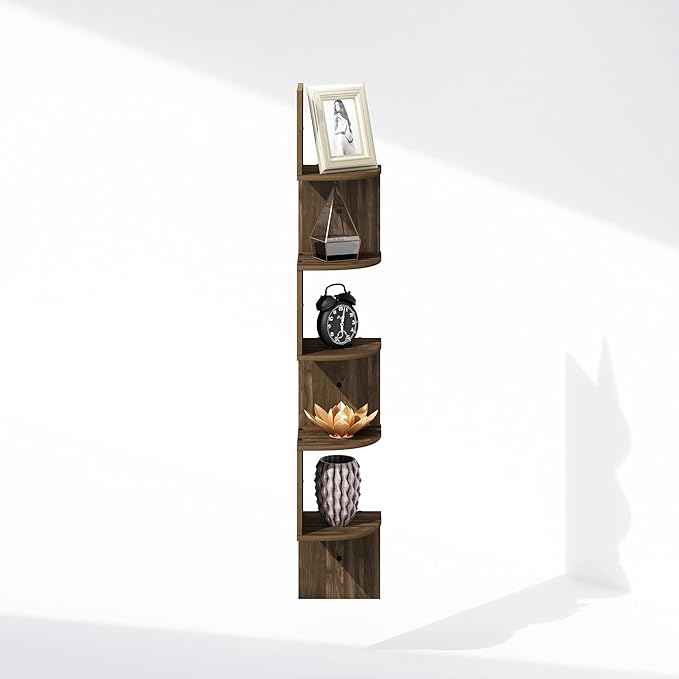 Furinno Rossi 5-Tier Floating Corner Shelf for Wall, Corner Zigzag Shelf Wall Mounted, Radial Wall Mount Shelves, for Home Office, Living Room, Bedroom, Bathroom, Columbia Walnut