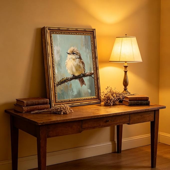Gold Framed Bird Canvas Wall Art Vintage Bird Beige Sparrow painting Decor Pictures Sparrow on Branch Bedroom Living Posters Prints for Corridor Classroom Bedroom Kitchen Room Decoration