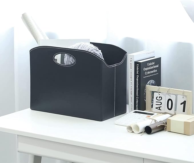 EZDeco Magazine Holder Foldable Magazine Rack Floor PU Leather File Holder Newspaper Book Storage Magazine Basket Document File Folder Organizer for Office Home (Black-2)