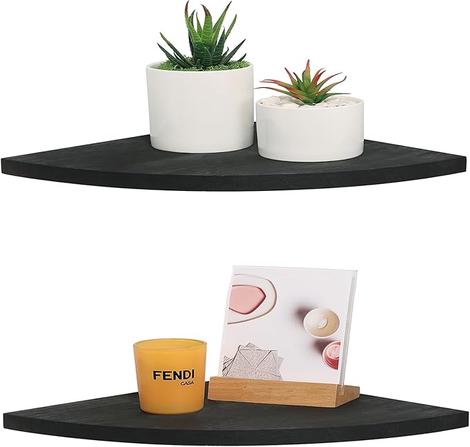 JORIKCHUO 12 inch Corner Shelf, Set of 2 Solid Wood Corner Floating Shelves for Wall, Round End Wall Mounted Floating Shelf for Bedroom, Living Room and Kitchen (Black-12 inch)