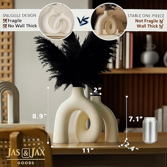 Cream White Decorative Vase Set - Modern Hug Donut Ceramic Vases by JAS & JAX GOODS, Minimalist Boho Style Centerpiece for Console Table, Living Room, Bookshelf, or Fireplace Mantel
