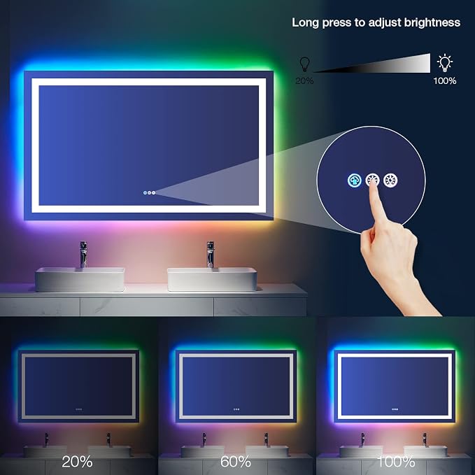 LOAAO 60”X36“ RGB LED Bathroom Mirror with Lights, Large, Anti-Fog, Dimmable Smart Lighted Bathroom Vanity Mirror, Multiple Light Modes, RGB Backlit + Front Light, Memory Function, Tempered Glass