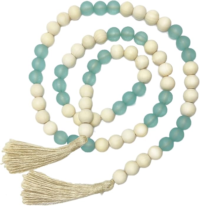 OMISHE Wood Bead Garland with Tassels 52 Inches, Handmade Wooden Beads with Round Acrylic Beads, Boho Wooden Beads Home Decor, Farmhouse Beads Garland for Tiered Tray Decor Beach Decor Green