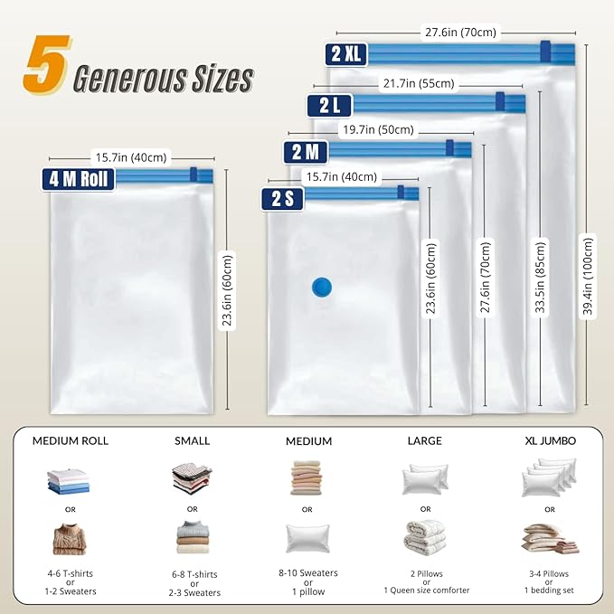 12 Pack Vacuum Storage Bags with Hand Pump, Compression Space Saver for Comforter, Bedding, Blanket Storage, Vacuum Seal Bags for Clothing, Luggage Suitcase and Closet Organizer