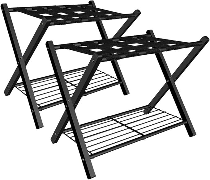 Folding Luggage Rack for Guest Room, Metal Foldable Suitcase Stand Holder with Metal Shelf for Bedroom, Black, 2pack