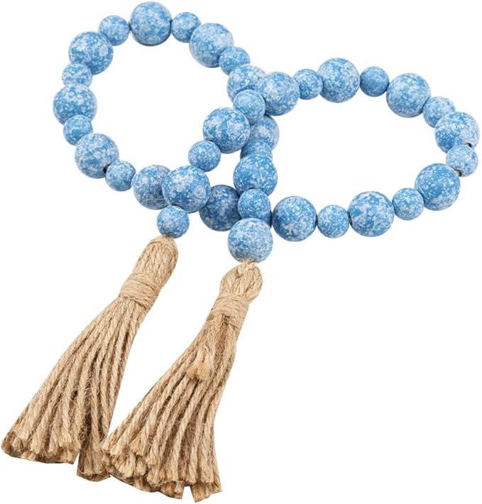 80 cm Farmhouse Wood Bead String Garland with Tassels Boho Hanging Beaded Garland Rustic Wall Hanging Beads Tiered Tray Beads Vintage Centerpiece Table Decoration Light Blue and White