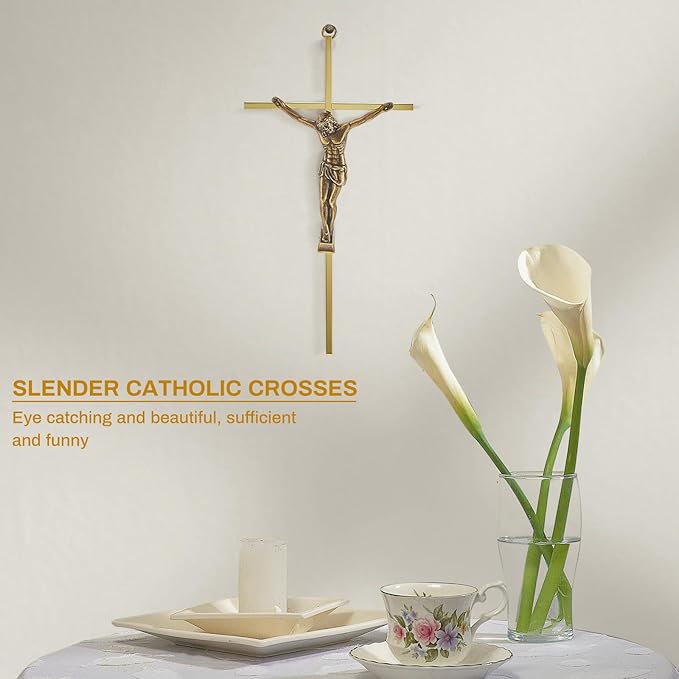 Leinuosen 4 Pieces Crucifix Wall Cross Catholic Slender Metal Crosses Wall Decor for Home Decor Hanging Jesus, 10 x 5 x 1 Inches(Gold)