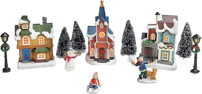 MOMENTS IN TIME Christmas Village Set 12-Piece with LED Lights Miniature Christmas Houses Lighted Holiday Décor for Tabletop Mantel Village Display Gift-Ready Packaging
