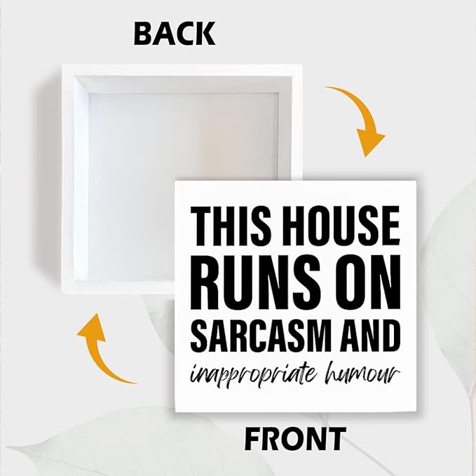 Funny Wood Signs, This House Runs On Sarcasm and Inappropriate Humor Sign, Funny Home Decor, Housewarming Gift, Box Sign Tabletop, Living Room Decor, Hallway Decoration, 5.1x5.1inches