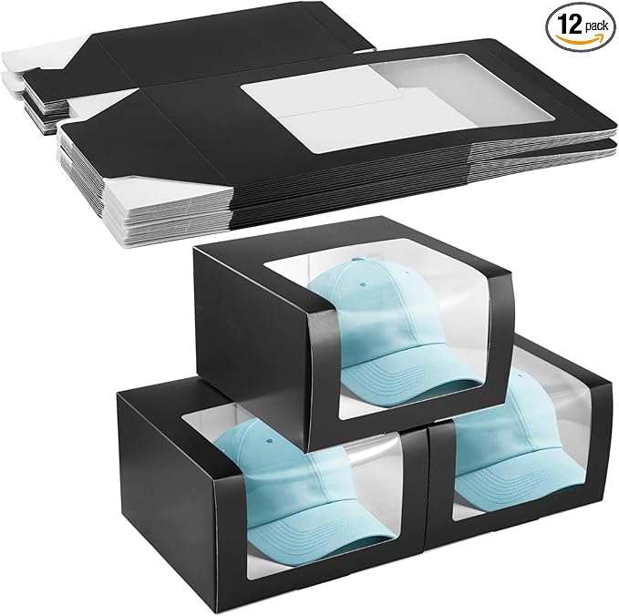 12 Pcs Cap Box with Window Display, Hat Storage Boxes, Sturdy Paper Hat Boxes, Display Boxes for Baseball Caps, Fold Packing Boxes for Home Storage, 7.9×7.9×4.7"