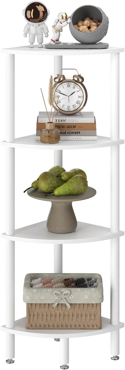 IBUYKE 4 Tier Corner Shelf Stand,Industrial Corner Display Rack,Corner Bookshelf for Living Room, Bedroom, Kitchen, Home Office, White WBC014W