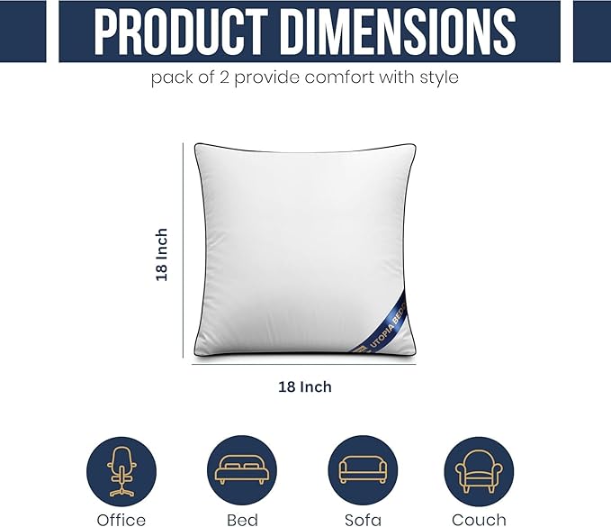 Utopia Bedding Throw Pillow Inserts (Pack of 2, White), 18 x 18 Inches Decorative Indoor Pillows for Sofa, Bed, Couch, Cushion Sham Stuffer
