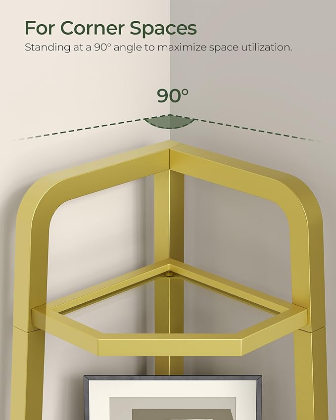 CHOEZON 5-Tier Corner Shelf, 59.6” Corner Storage Stand, Floorstanding Dispaly Rack, Tempered Glass Corner Bookshelf, Open Plant Stand, for Living Room, Bedroom, Study, Bathroom, Gold TCJ21GJ