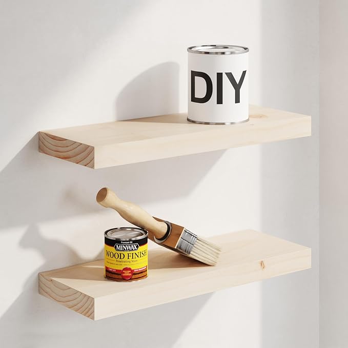 Homeforia Wood Floating Shelf 16 inch, High End Solid Natural Wood 16inch Floating Shelves for Wall Mounted, Unfinished Wooden Small Floating Shelves, Heavy Duty Bracket, 16 X 6.5 X 1.75 in, Set of 3