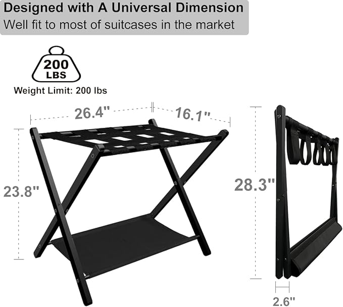 Folding Luggage Rack for Guest Room, Metal Foldable Suitcase Stand Holder with Cloth Shelf for Bedroom, Black, 2pack
