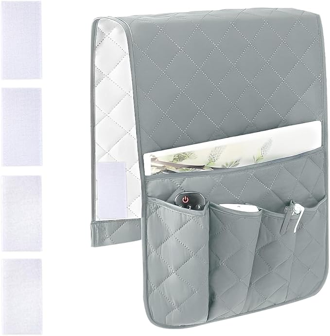 RETON Sofa Armrest Organizer with 5 Pockets, Non Slip Remote Control Caddy with 8 Pieces of Hook and Loop Fasteners, Armchair Caddy Holder Storage for Magazine Recliner Book TV Phone (Gray)