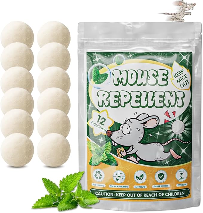 12 Pack,Natural Peppermint Oil Mice Repellent Indoor/Outdoor, Pest Control Moth Balls to Get Rid of Rats Mice Squirrels Rodent Spider Ant Mosquito Cockroach-Family & Pet Safe