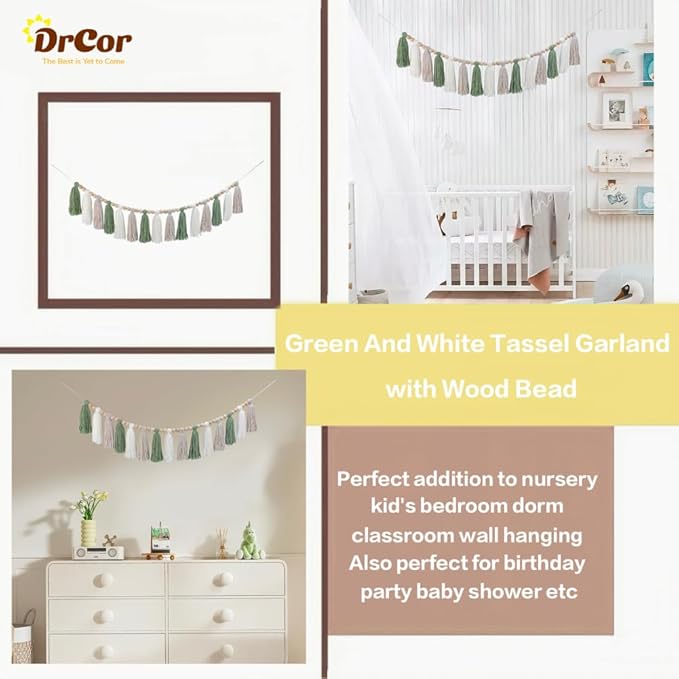 DrCor Sage Green Tassel Garland – Boho Classroom Decor, Bulletin Board Decorations, Nursery Wall Hanging, Neutral Kids Room Decor, Baby Shower, Back to School Banner