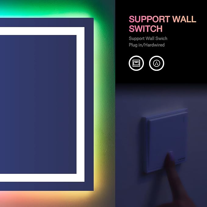 LOAAO 60”X40“ RGB LED Bathroom Mirror with Lights, Large, Anti-Fog, Dimmable Smart Lighted Bathroom Vanity Mirror, Multiple Light Modes, RGB Backlit + Front Light, Memory Function, Tempered Glass