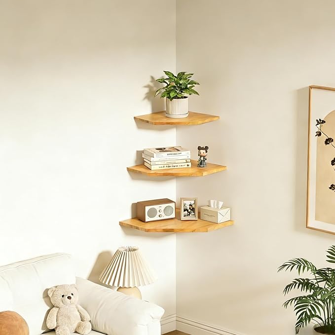 JiudunsKylight Wall Mounted Corner Floating Shelf Set of 3, with Wire Hole, 8.5/11.2/13.2 Inch Oak Shelves for Bedroom, Kitchen, Living Room, Storage and Display for Small Plants