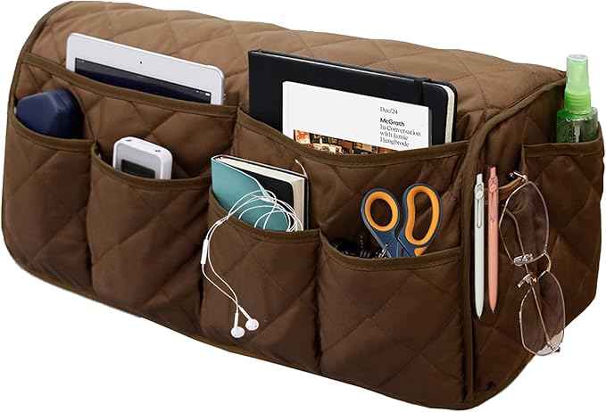 Armchair Caddy, Sofa Armrest Organizer, Non Slip Recliner Organizer, Remote Control Holder for Recliners, Couch Caddy with 14 Pockets Storage for TV Remote, Phone, Magazine (Brown)