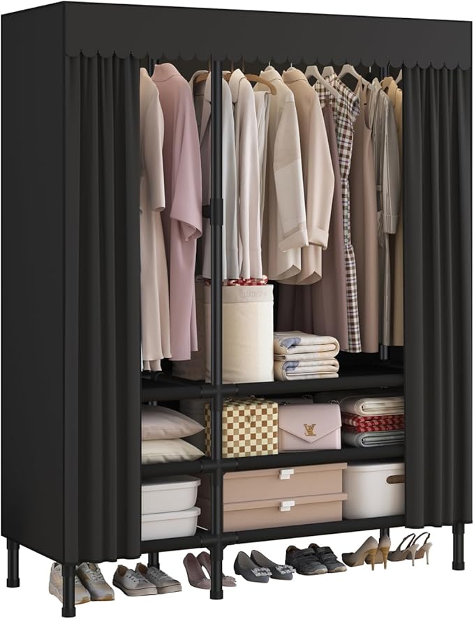 Portable Closet,Garment Rack,Heavy Duty Clothes Rack with Cover,Wardrobe Closet with 2 Hanging Rods, 6 Storage Shelves,43.3" L x 17.7" W x 67.7" H,Black