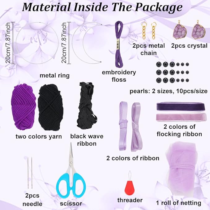 DIY Purple Moon Lace Gothic Dream Catcher kit 2 Set Boho Large Half Circle Handmade Dream Catcher Kit with Purple Agate for Wall Decor Women Gift Moon Sun DIY Gifts for Bedroom Christmas