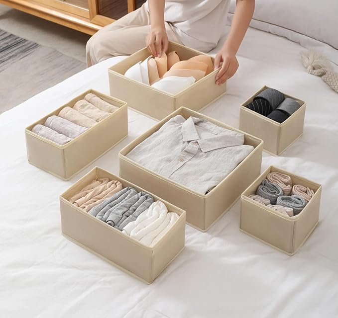 12 Pack Drawer Organizer Clothes, Foldable Fabric Dresser Organizer Closet Organizers and Storage Box for Underwear,Folded Clothes,Baby Clothing,Socks,Bra,Towels,Ties(12 Pack,Beige)