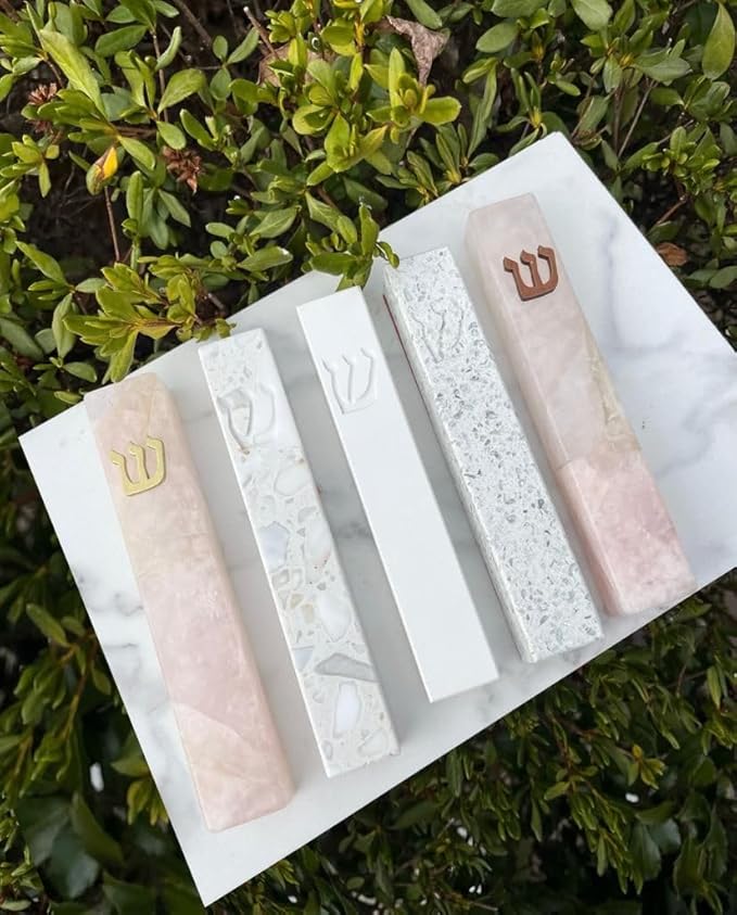 A&S Mezuzot Quartz Mezuzah Case with Engraved Shin Design Easy Peel and Stick Judaica Door Mezuza (Pink, 5 Inches)