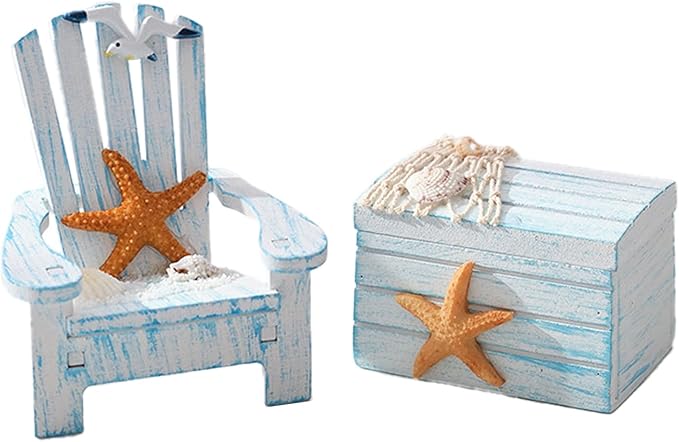 2 Pack Wooden Handmade Mini Chair Box Beach Decor Nautical Theme Decoration for Home Office Desk (Starfish)