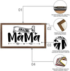 Family Lettering 12x22in Wood Sign with Positive Quotes Amazing Mama Apricot Frame Wooden Plaque Birthday Housewarming Gift for Cottage Shelf Garden Yard Farmhouse Porch Cafe Bar Wall Decor