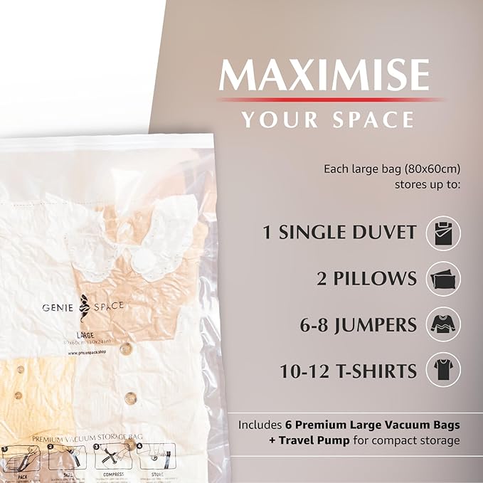 GENIE SPACE Premium Vacuum Storage Bags for Clothes, Bedding and Travel, Large Size 30x24 Inches, Airtight, Odor-Proof and Reusable Space Saver Bags with Double Zipper Seal, 6-Pack with Hand Pump