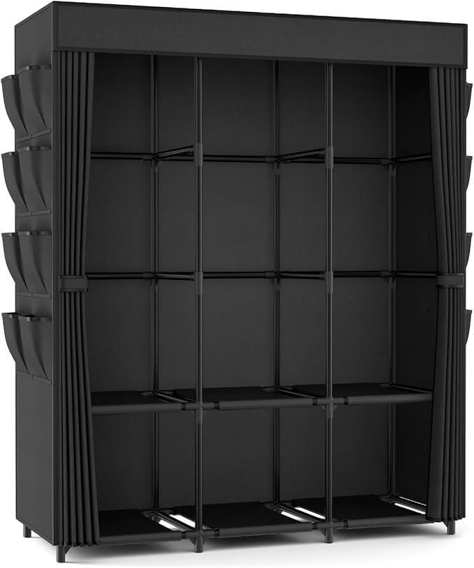 Wardrobe Closet Portable Closets for Hanging Clothes Large Capacity Clothes Rack with Cover, 3 Hanging Rods, 6 Shelves and 8 Pockets, Strong and Stable Free Standing Closet for Bedroom, Black