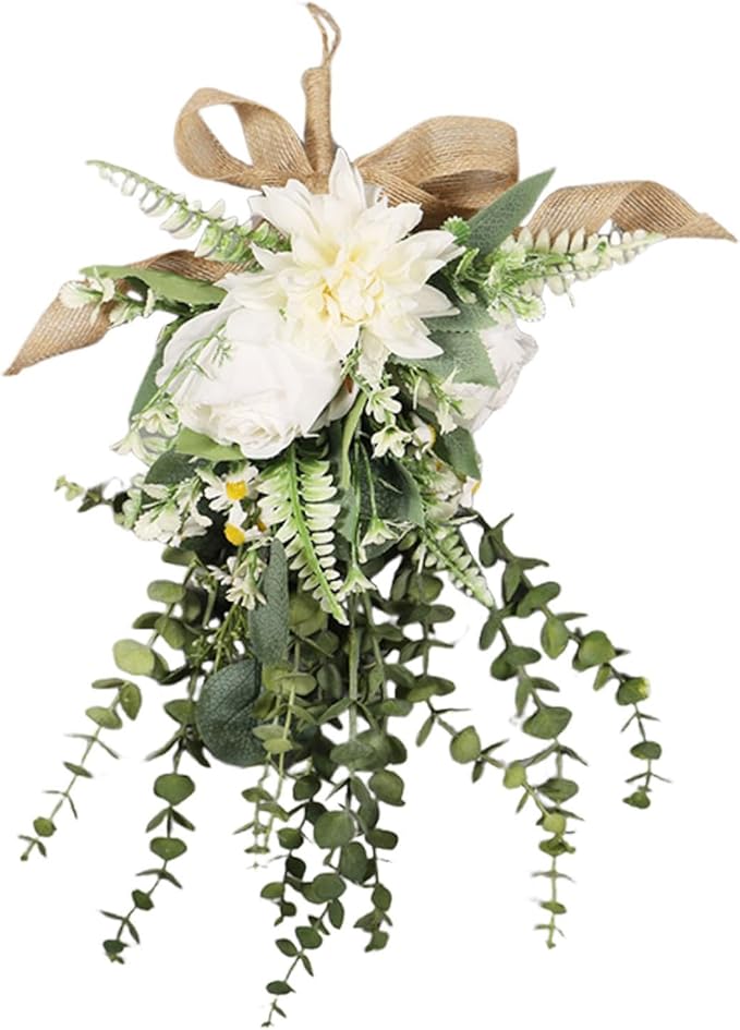 Artificial Floral Teardrop Swag Silk Flower Decorative Garland Hanging Ornament Reusable Wall Suitable for Gift Giving Home Decoration Office, White