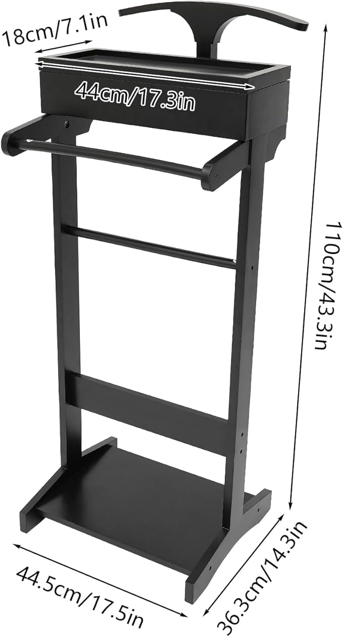 Wood Suit Rack Stand, Freestanding Valet Stand with Base and Drawer, Suit Valet Stands Organizer for Men and Women, Clothes Coat Valet Rack for Bedroom Office Entryway(Black)