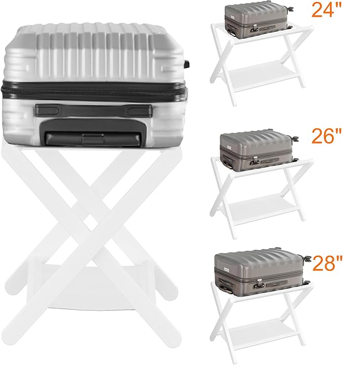 Heybly Luggage Rack, Pack of 2, Folding Suitcase Stand with Storage Shelf, Heavy-Duty Luggage Holder for Guest Room Bedroom Hotel, Holds up to 165 lb, White, HLR010W2