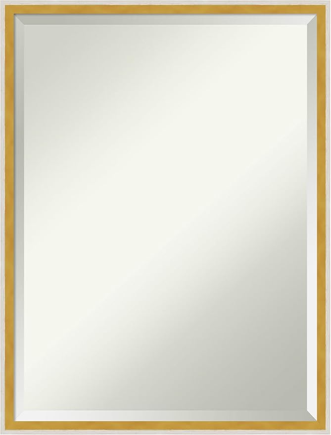 Amanti Art White Wall Mirror 25x19 Paige White Gold Rectangle Bathroom Mirror for Wall Decor Living Room, Medium Modern Wood Frame, Hangs Horizonally and Vertically, Bathroom Decor, Beveled Edge