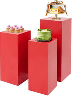 3 PCS Display Pedestal Stand, Metal Display Pedestal Stands Decoration Cube Sculpture Displays Column Square Displays Stands Pillars for Wedding Party Baby Shower Birthday (Red, 3PCS)