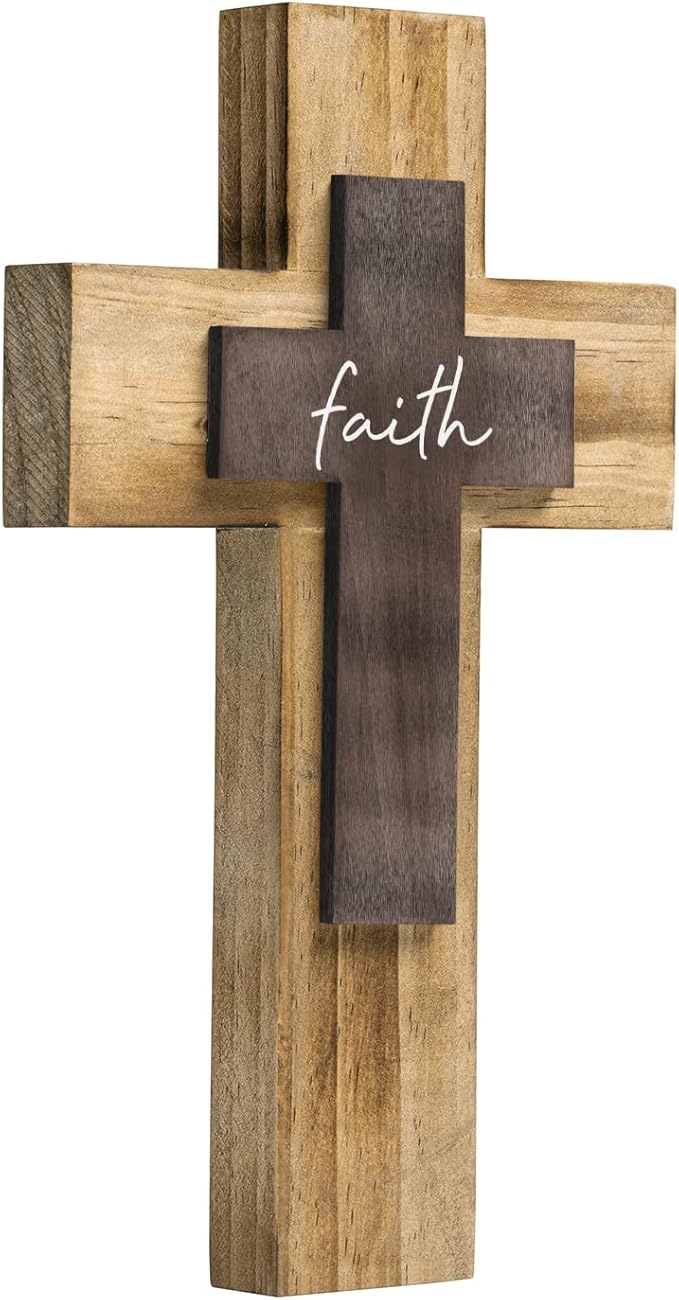 OKSQW Wall Wooden Cross Christians Crosses Spiritual Religious Cross With Hook Christmas Wall Hanging Handmade Nature Wood Color with Faith Design for Church Home Room Decor Wood Crucifix Gift